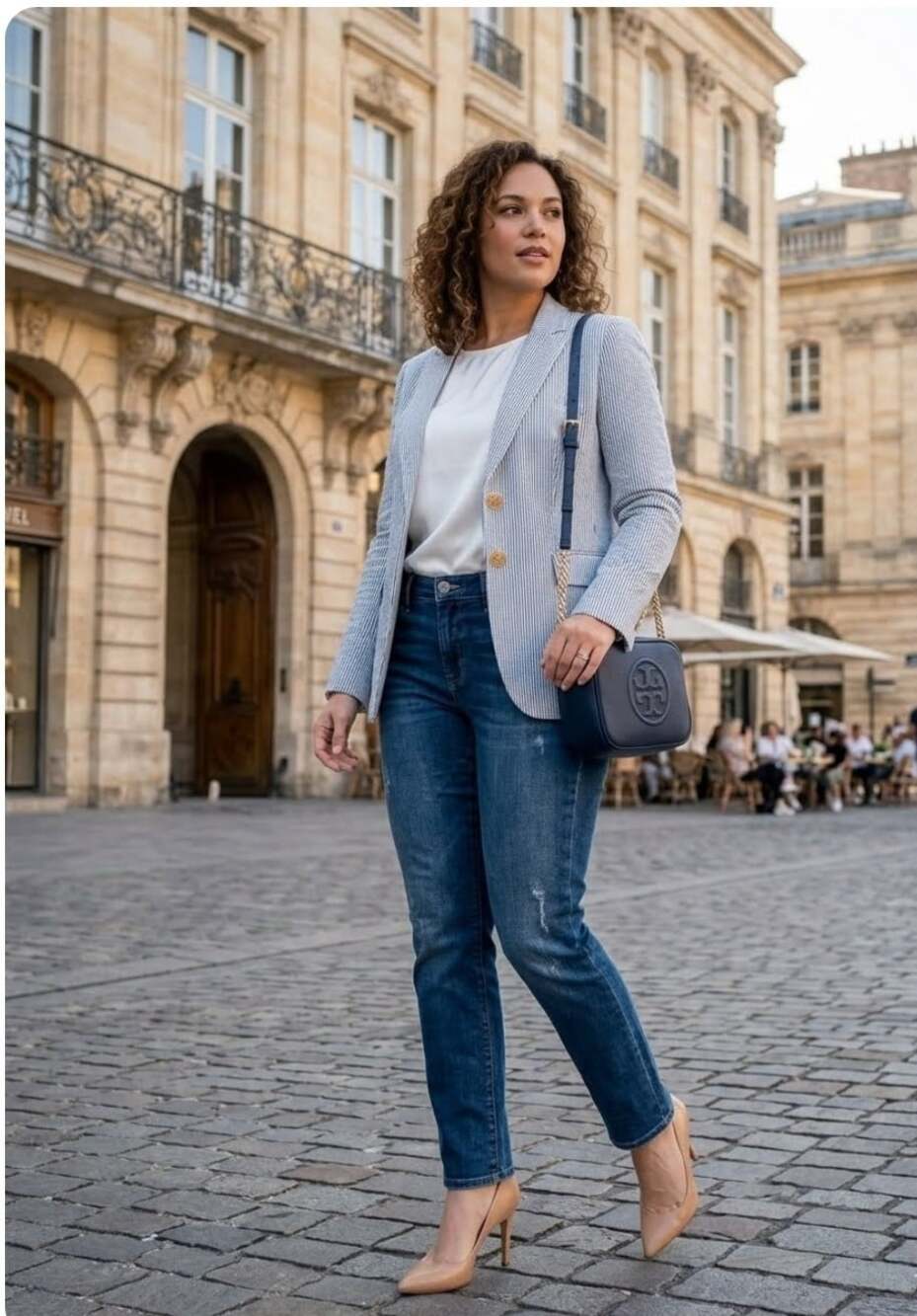 Tory Burch Navy & White Striped Seersucker Blazer Coastal Classic Notch lapel